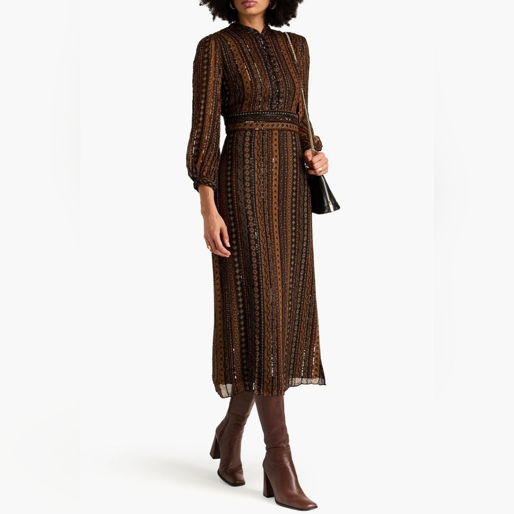Veronica Beard Borelli Beaded Elegant Brown Black Striped Midi Dress 8